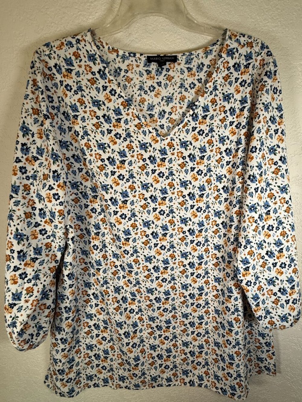 Mario Serrani Ditsy Floral V-Neck Blouse 3/4 Sleeves Women's Size Large Cottage